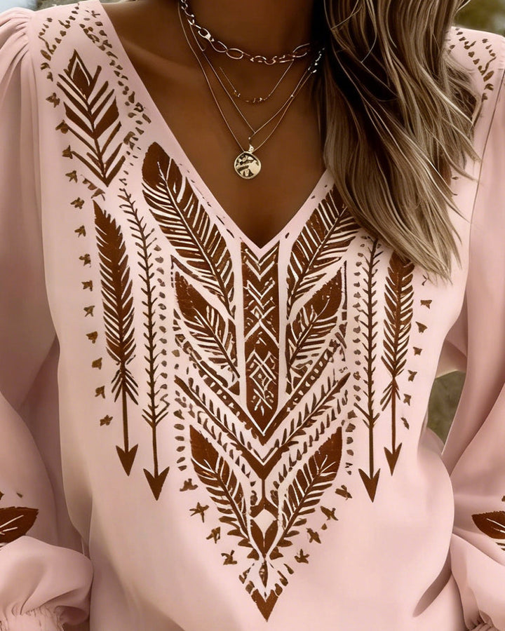 Bohemian Women's Blouse with V-Neck and Puff Sleeves