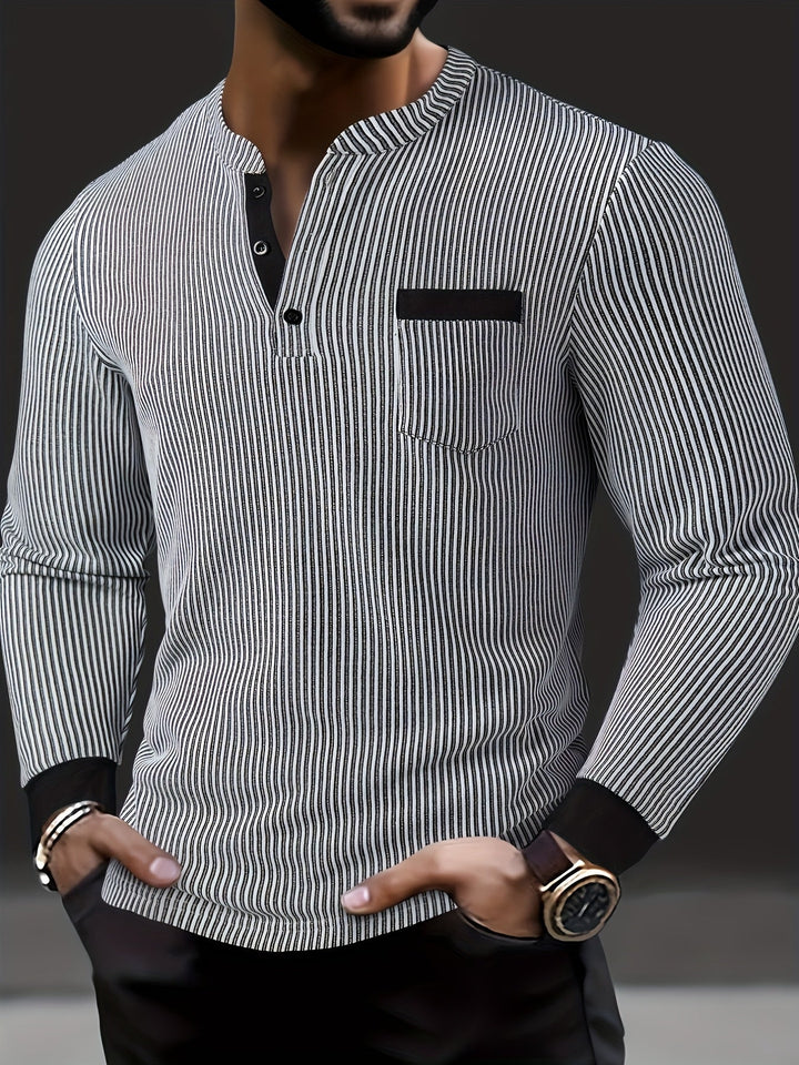 Deegan Long Sleeve Henley Shirt with Textured Striped Collar, view 5 - Elena Harper