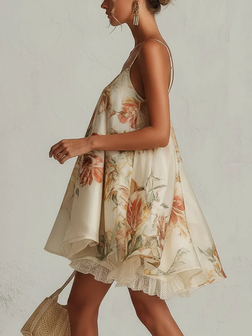 Beige floral organza A-line mini dress with lace trim, view 3 - Elena Harper