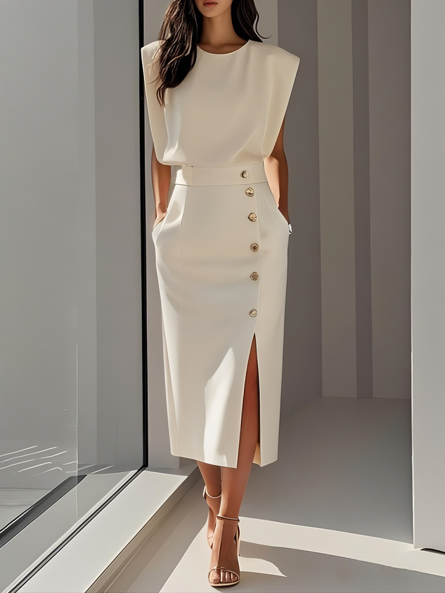 Emma | Ladies Button Detail Sleeveless Midi Dress