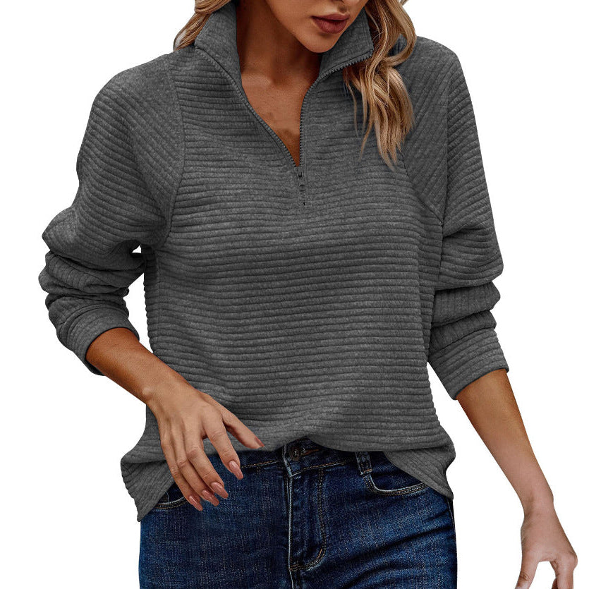 Women's High Neck Zip Pullover Sweatshirt with Long Striped Sleeves