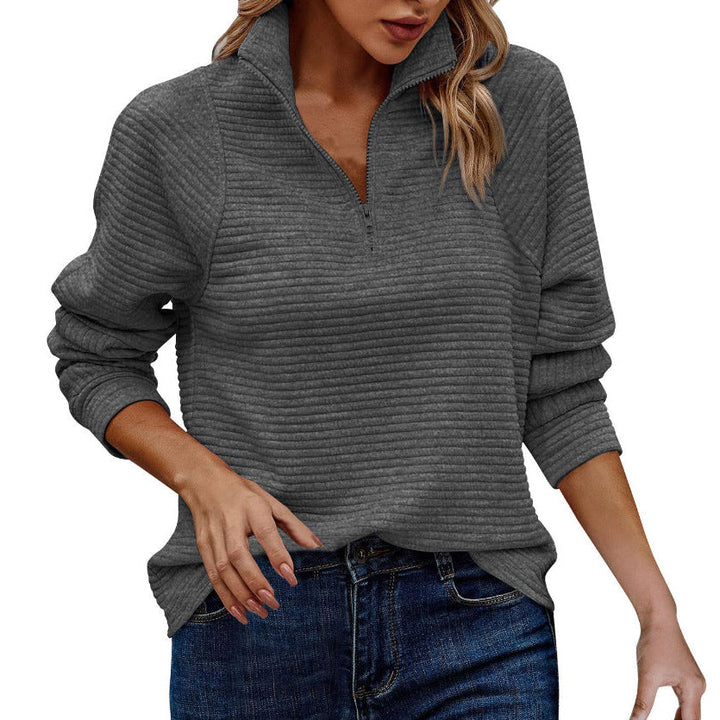 Women's High Neck Zip Pullover Sweatshirt with Long Striped Sleeves