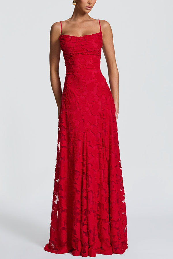 Francis Custom Floral Burnout Fabric Cowl Neck Back Lace-up Maxi Dress