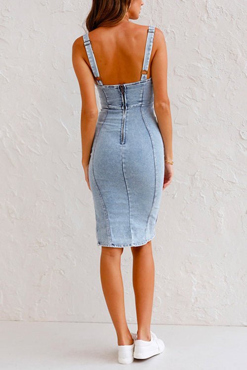 Summer Denim Dress Elegant Slim Fit, view 2 - Elena Harper
