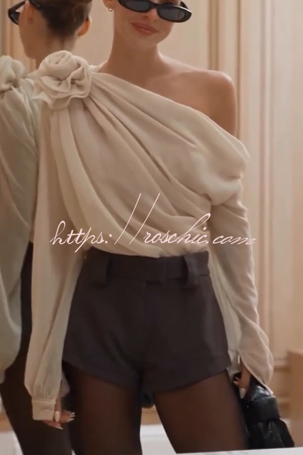 Nayla Chiffon 3D Floral One Shoulder Long Balloon Sleeve Drape Blouse