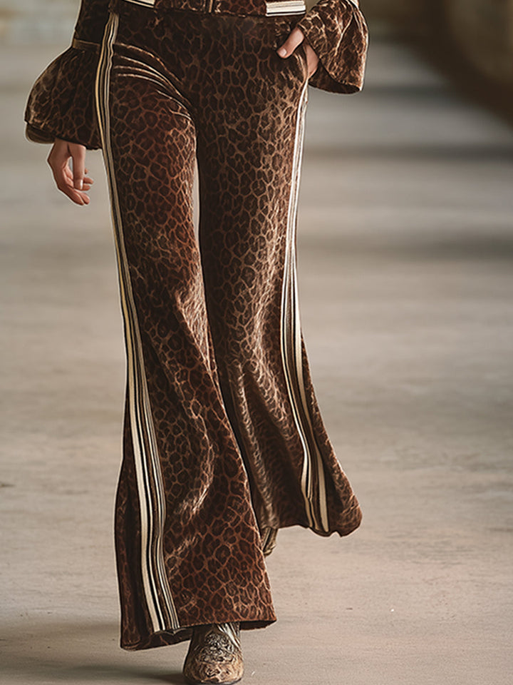 Retro Sporty Brown Leopard Print Lapel Front Zip-up Top And Flared Pants Velvet Set, view 5 - Elena Harper