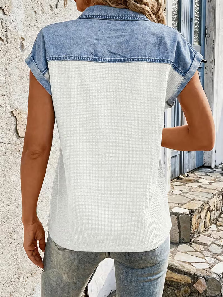Haily Casual Denim Top with Patchwork Collar and Short Sleeves, view 7 - Elena Harper