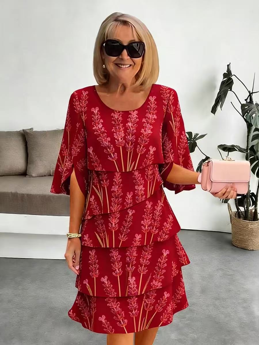 Mid-Length Women's Dress with Layered Ruffles and Split Sleeves in Lavender Print, view 10 - Elena Harper