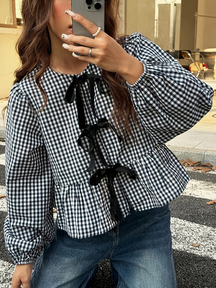 Plaid Bubble Women's Blouse Sustainable Must-Have Stylish & Comfortable Spring/Summer/Fall, view 2 - Elena Harper