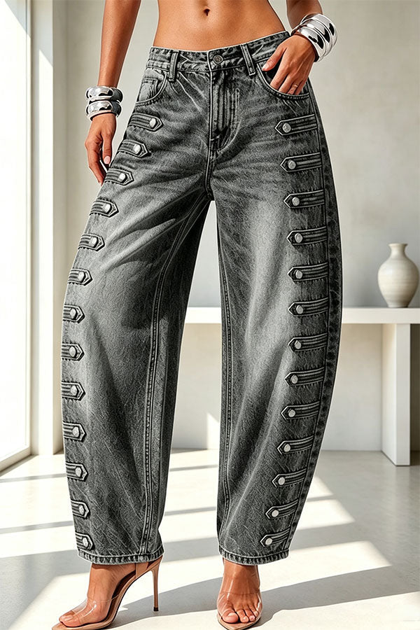 Napoleon-style Denim Metal Buttons Detail High Rise Pocket Loose Jeans, view 9 - Elena Harper