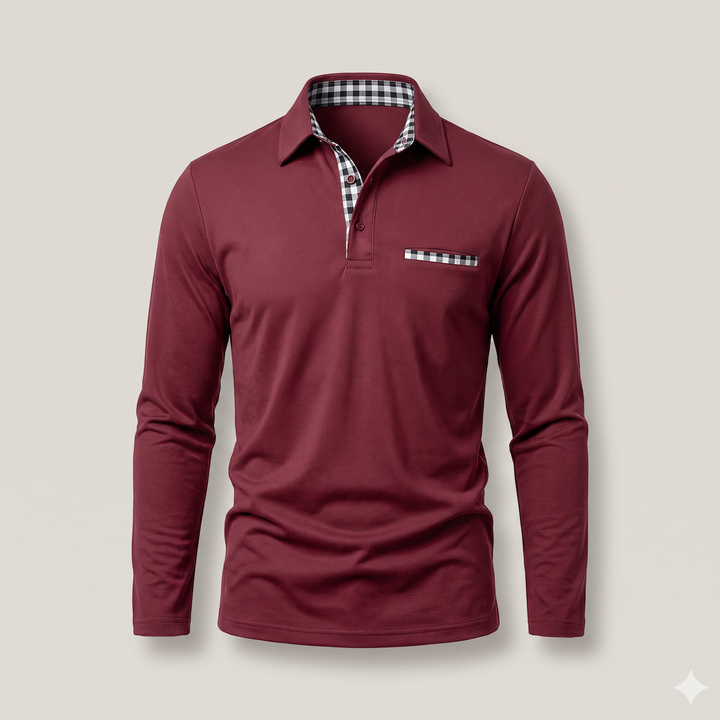 Adrian Elegant Long Sleeve Polo Shirt with Checked Details, view 2 - Elena Harper
