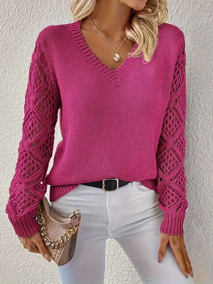 Emily Elegant Women's V-Neck Knit Sweater with Lace Pattern Sleeves, view 10 - Elena Harper