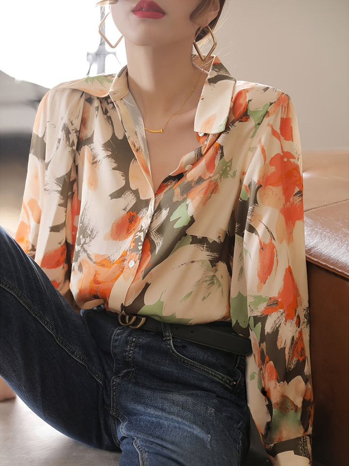 Women's Floral Ink Print Blouse with Elegant Fit