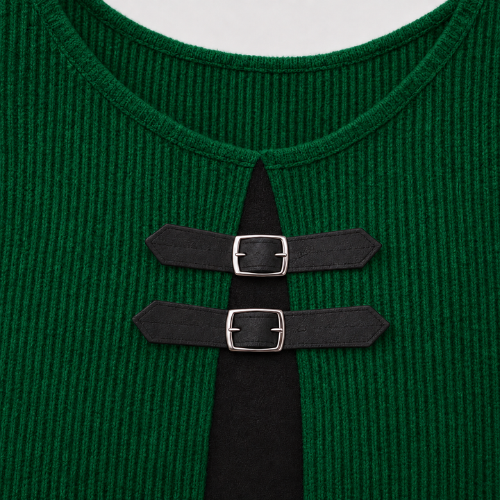 Duetta Faux Two-Piece Buckle-Accent Ribbed A-Line Dress - Elena Harper