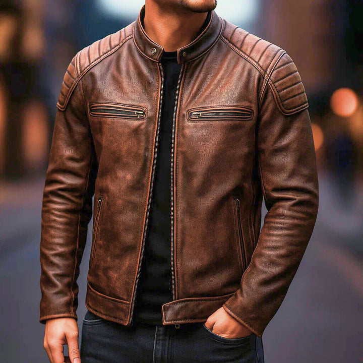 Men's Faux Leather Jacket with Reinforced Shoulders and Motorcycle Zip Details, view 4 - Elena Harper