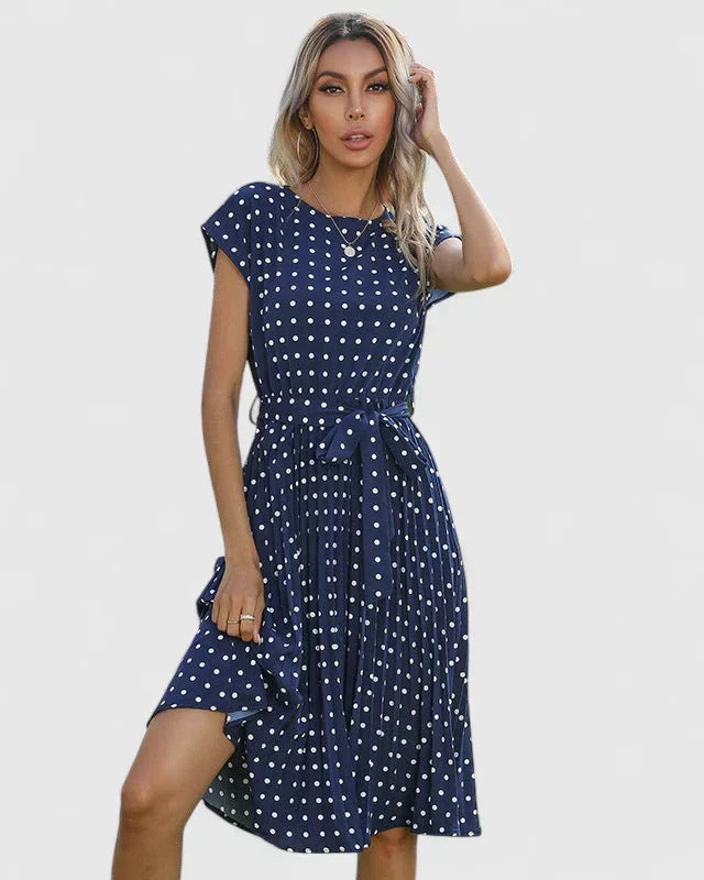 Veronika | Women's Midi Dress with Short Sleeves and Pleated Skirt