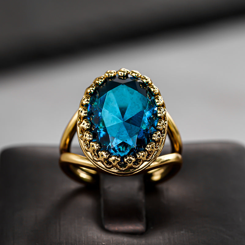 Elegant Gold Plated Oval Blue Stone Ring - Elena Harper