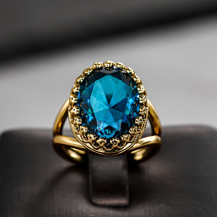 Elegant Gold Plated Oval Blue Stone Ring - Elena Harper