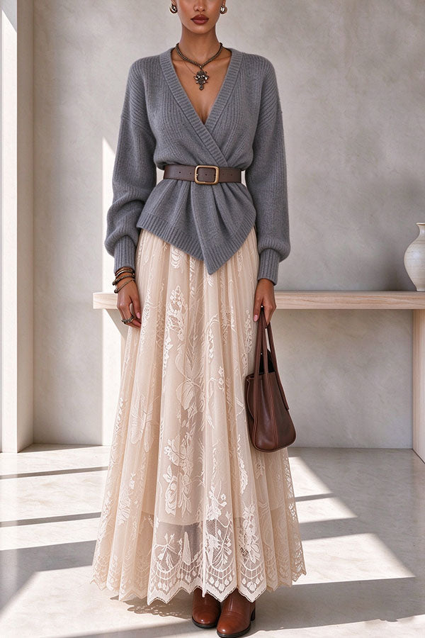 Exquisite Lace High Rise Elastic Waist A-line Maxi Skirt