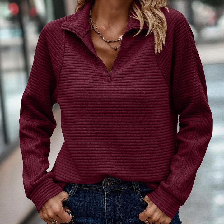Women's High Neck Zip Pullover Sweatshirt with Long Striped Sleeves