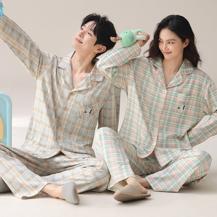 Cotton Pajamas with Notched Collar, Long Sleeves, view 3 - Elena Harper
