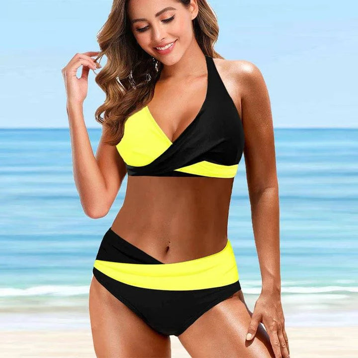 Sea Breeze bikini set by Emma & Rose Manhattan featuring a high-waist design and vibrant printed two-piece swimsuit for women.