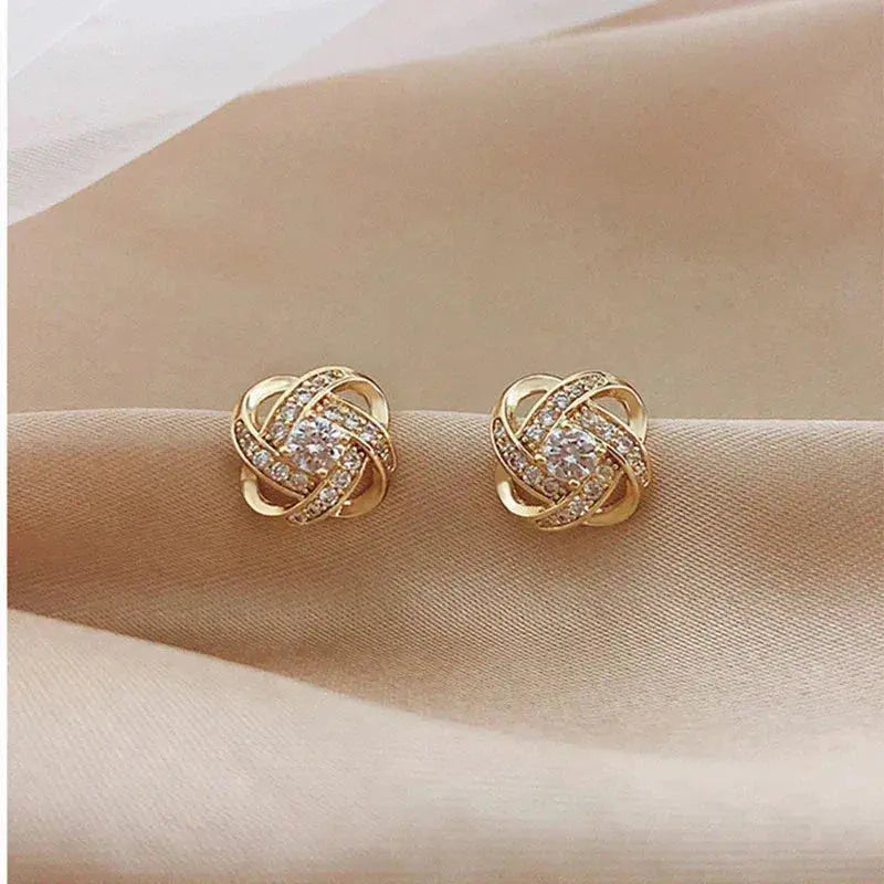 Gold Spiral Floral Crystal Stud Earrings