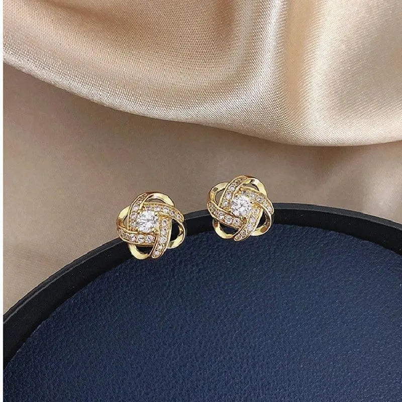 Gold Spiral Floral Crystal Stud Earrings