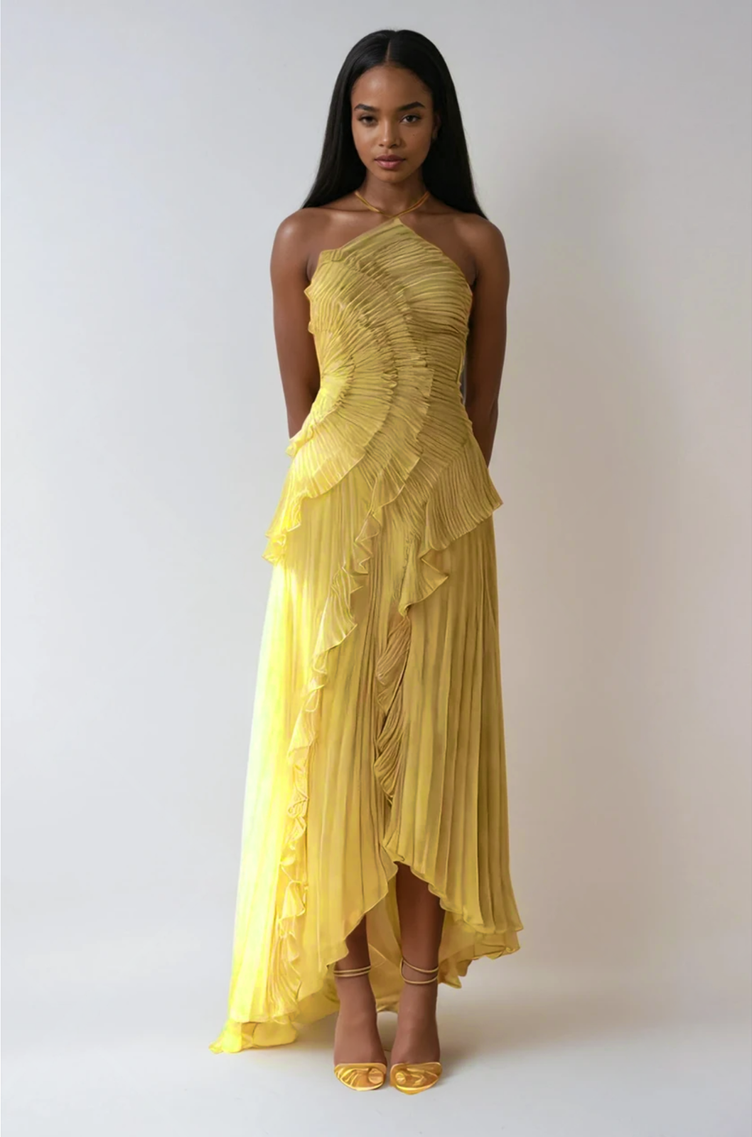 Elegant Asymmetrical Ruffled Long Pleated Dress for Women, view 9 - Elena Harper