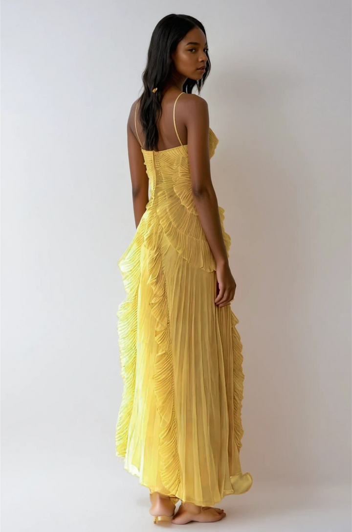 Elegant Asymmetrical Ruffled Long Pleated Dress for Women, view 10 - Elena Harper