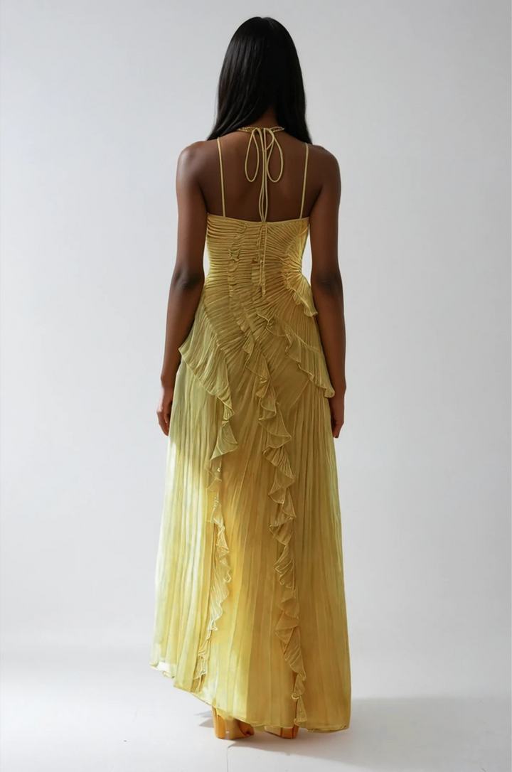 Elegant Asymmetrical Ruffled Long Pleated Dress for Women
