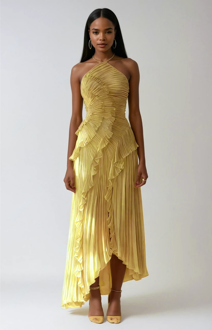 Elegant Asymmetrical Ruffled Long Pleated Dress for Women