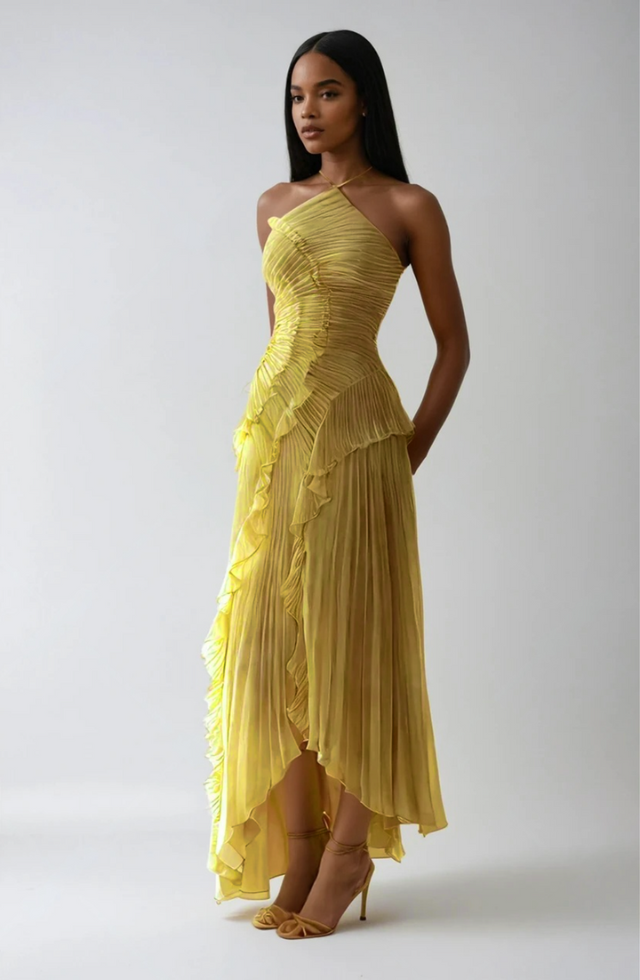 Elegant Asymmetrical Ruffled Long Pleated Dress for Women