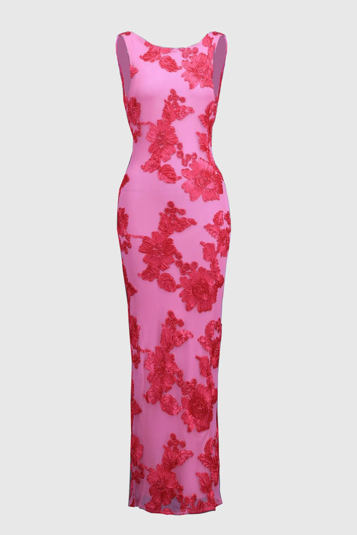Emma & Rose Cape Town Amara Maxi Dress in flowing fabric with a floral pattern, displayed on a hanger against a neutral background.