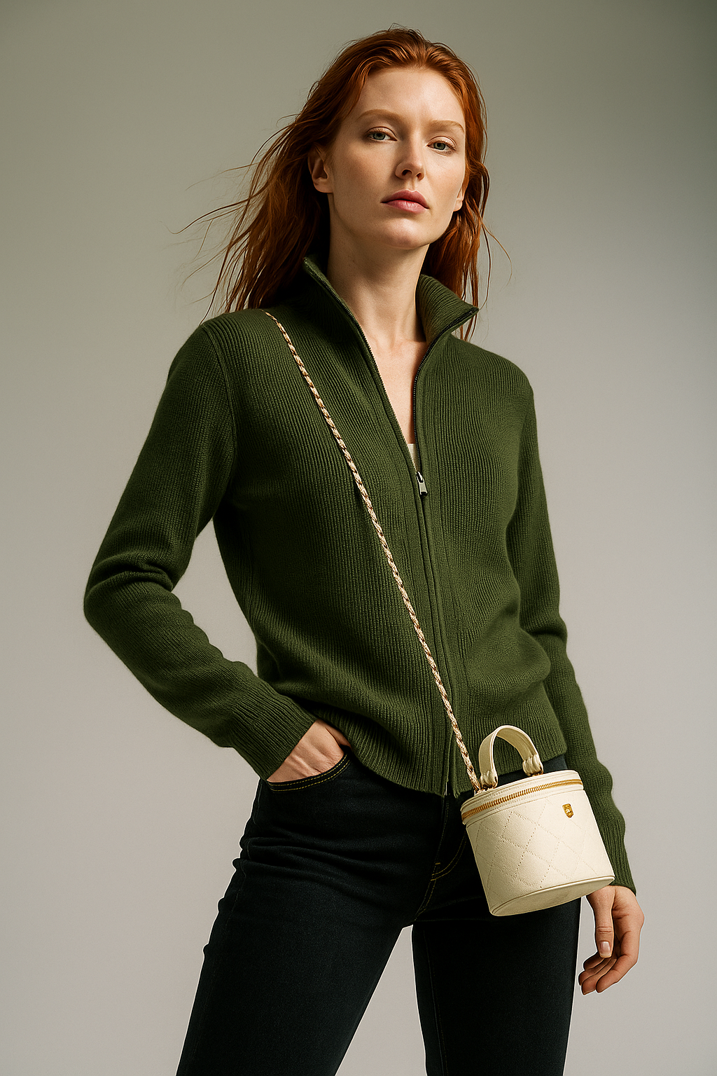 Ladies Wool Zip Vest – Knitted Cardigan with High Collar