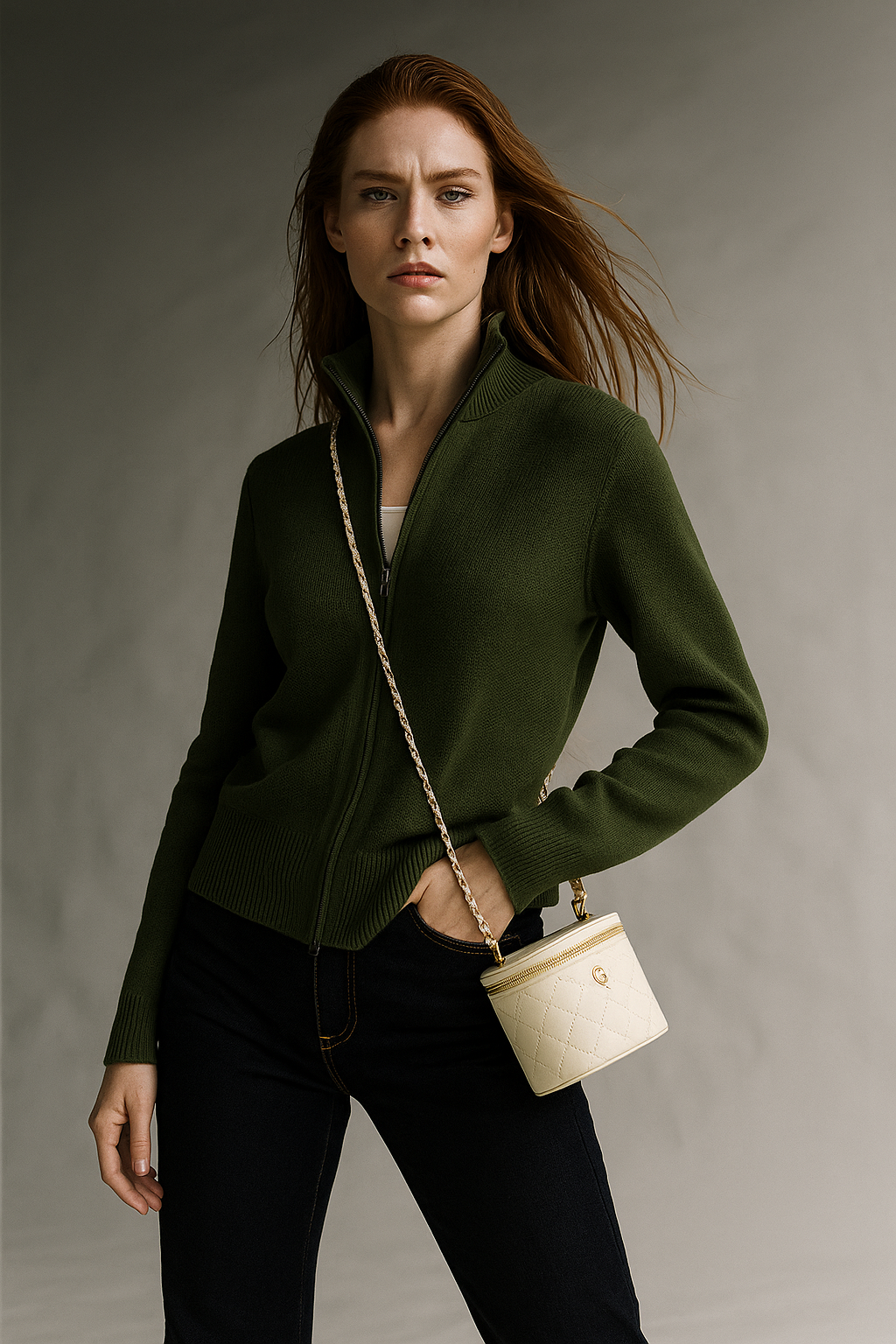 Ladies Wool Zip Vest – Knitted Cardigan with High Collar