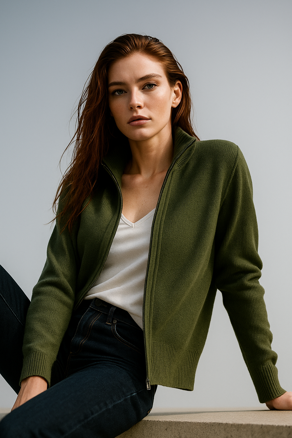 Ladies Wool Zip Vest – Knitted Cardigan with High Collar