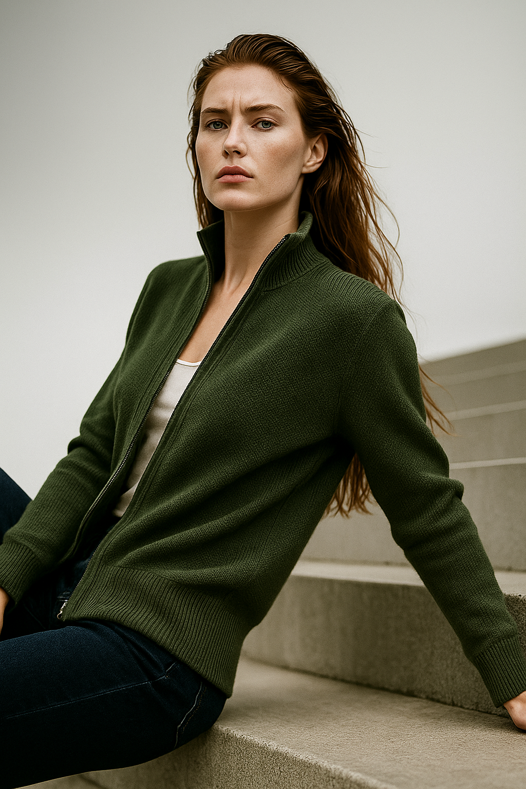 Ladies Wool Zip Vest – Knitted Cardigan with High Collar
