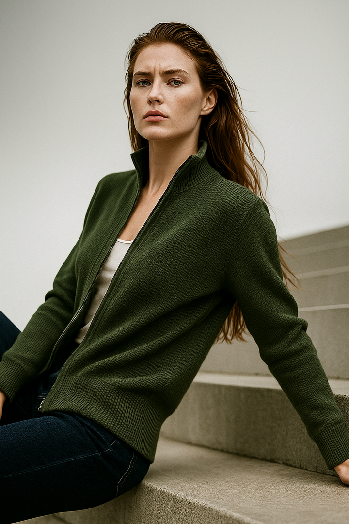 Ladies Wool Zip Vest – Knitted Cardigan with High Collar
