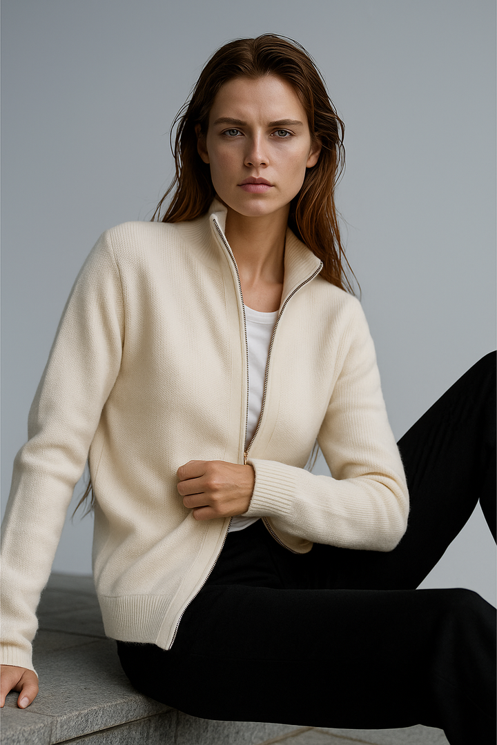 Ladies Wool Zip Vest – Knitted Cardigan with High Collar