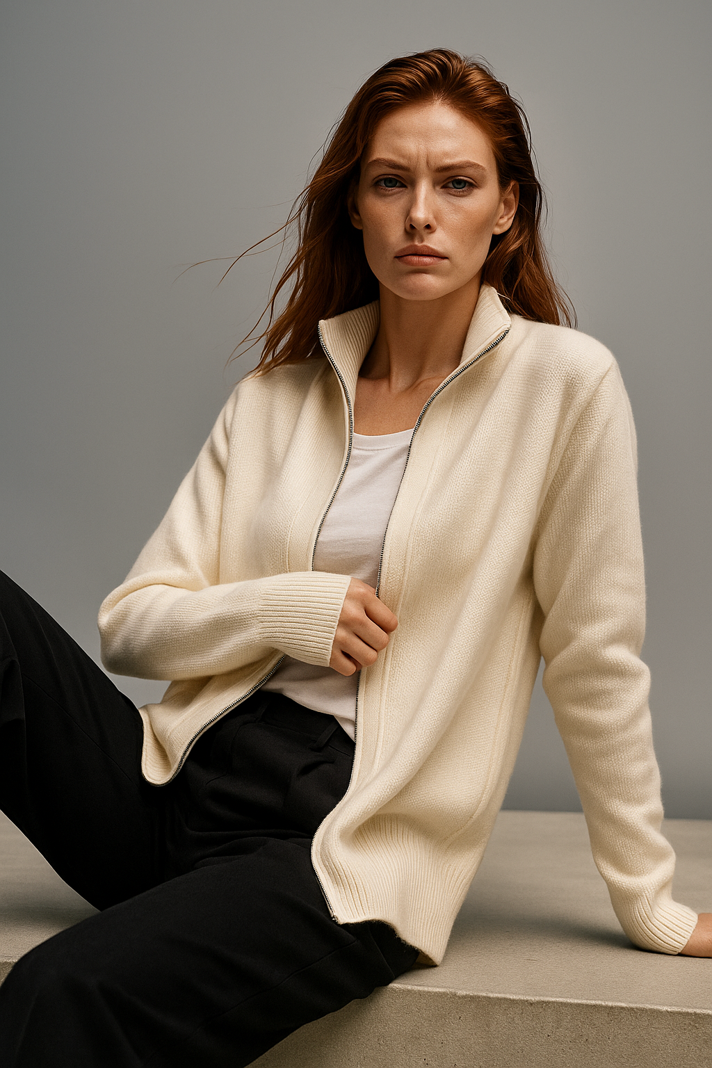 Ladies Wool Zip Vest – Knitted Cardigan with High Collar