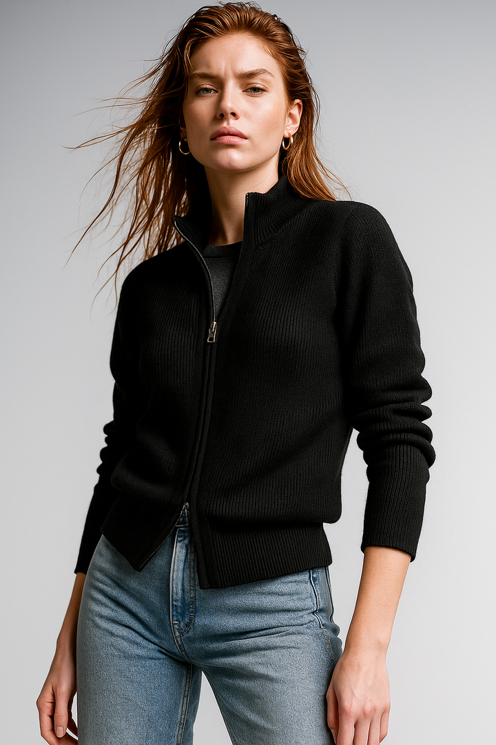 Ladies Wool Zip Vest – Knitted Cardigan with High Collar