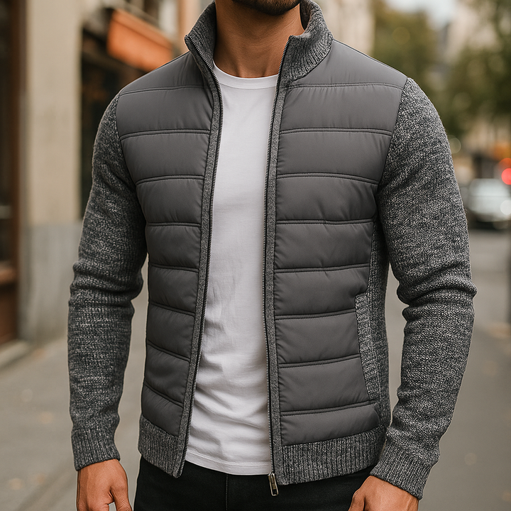Men's Quilted Jacket with Knit Sleeves and High Collar