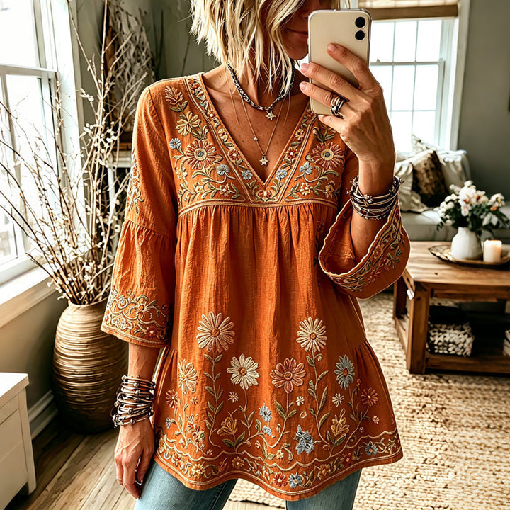 Bohemian Embroidered Women's Blouse with V-Neck
