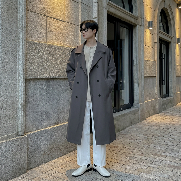 Men's Double-Breasted Trench Coat with Belt - Classic Overcoat