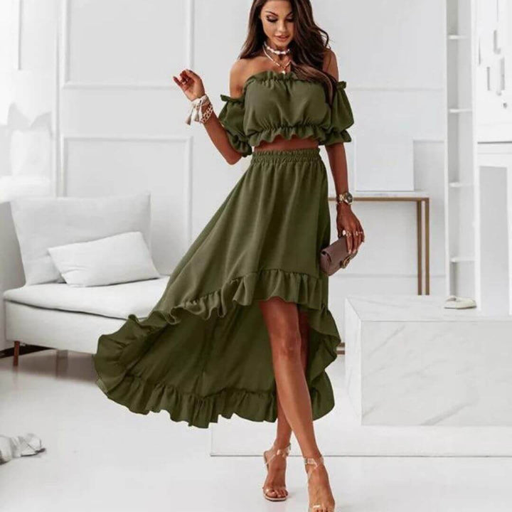 Women's Off-Shoulder Frill Crop Top & High-Low Skirt Set, view 5 - Elena Harper