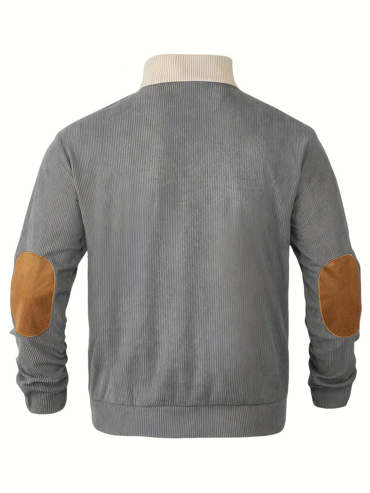 Men's Ribbed Quarter Button Sweater with Elbow Patches, view 6 - Elena Harper