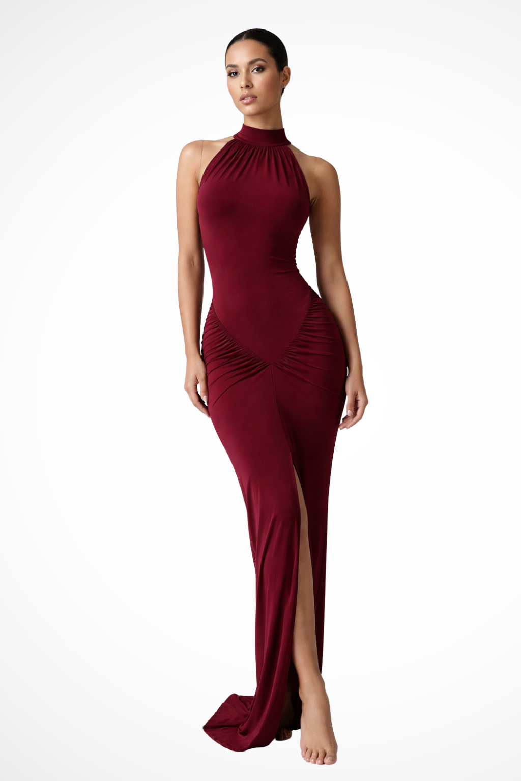 Women's Halter Neck Ruched Slit Maxi Dress for Baby Showers, view 6 - Elena Harper