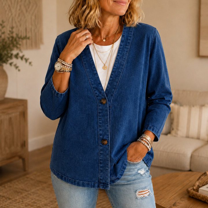 Drapella Collarless Soft-Denim-Look Button-Down Cardigan - Elena Harper