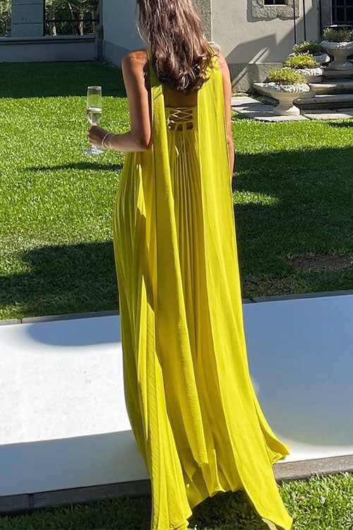 Women's Elegant Off-Shoulder Maxi Dress with Lacing & Pleats